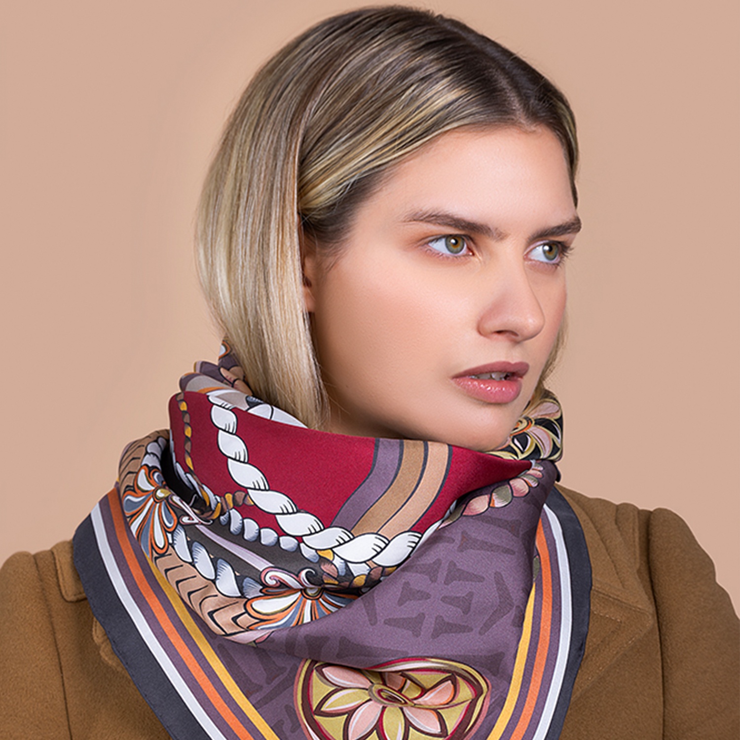 heritage silk scarf in brown on model around neck